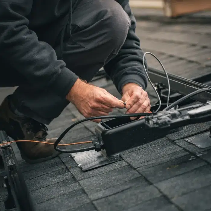 Golden Group Roofer on a roof installing wiring for solar panels to be installed on a shingled roof.
