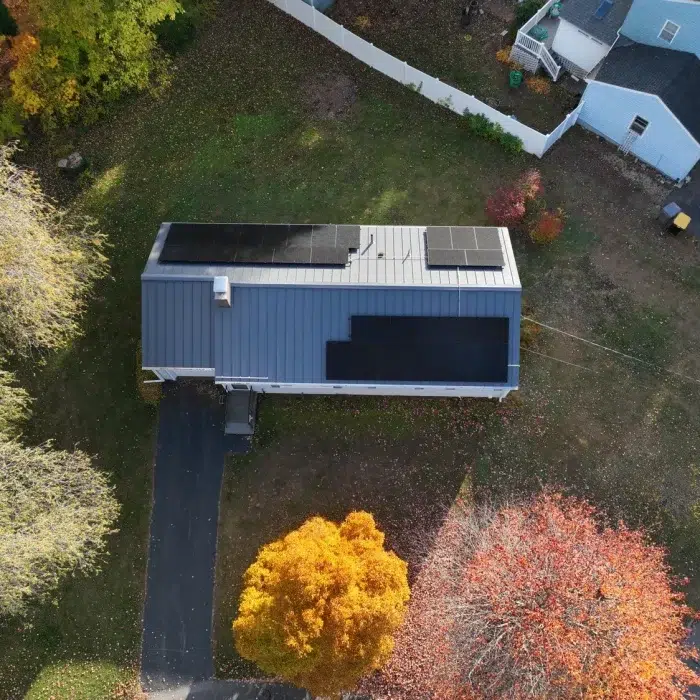 Aerial view of Solar Panels installed on a residential home by the Golden Group